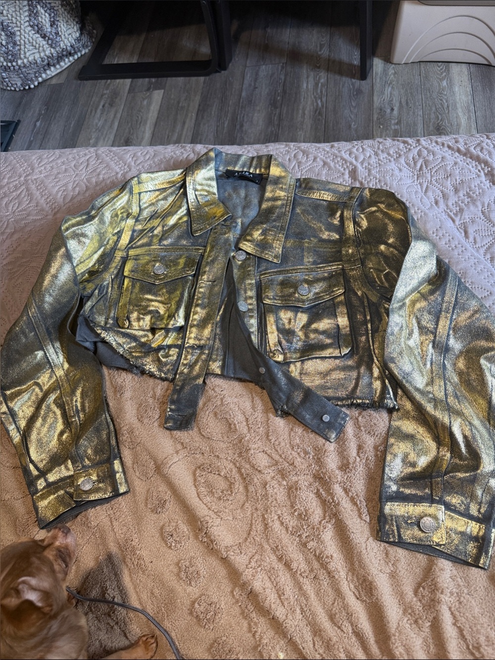 AKIRA Shimmery Gold Cropped Jean Jacket
